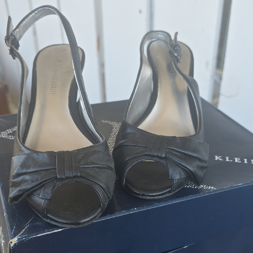 Anne Klein Black Satin Peep-Toe Heels